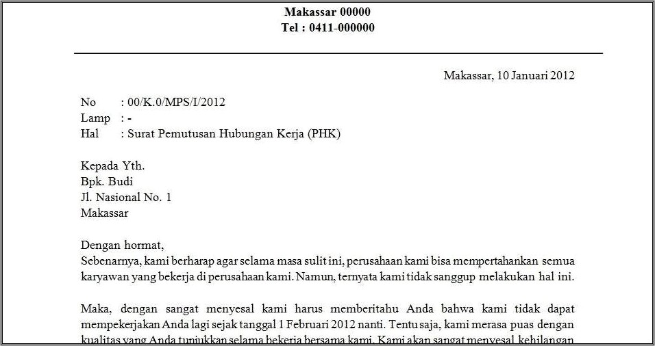 Contoh Surat Phk Dari Perusahaan