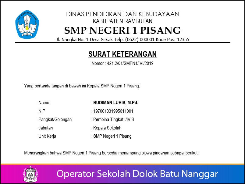 Contoh Surat Pindah Siswa Dari Dinas