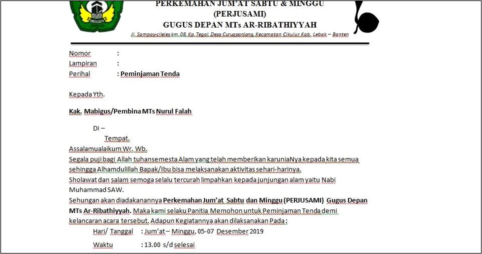 Contoh Surat Pinjam Pakai Barang Dinas