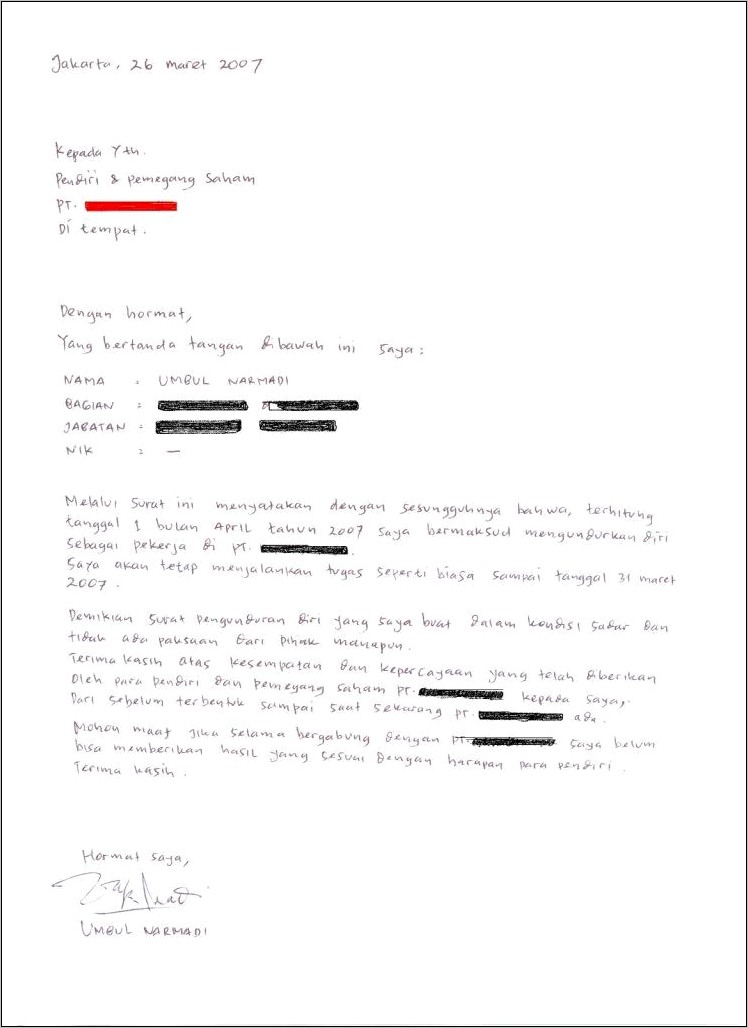 Contoh Surat Referensi Atau Surat Pengunduran Diri Dari Perusahaan