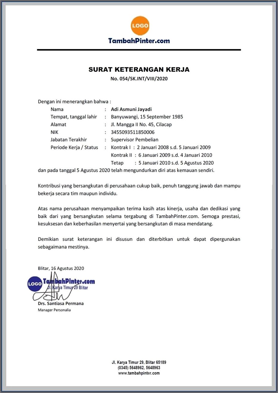 Contoh Surat Referensi Kinerja Perusahaan