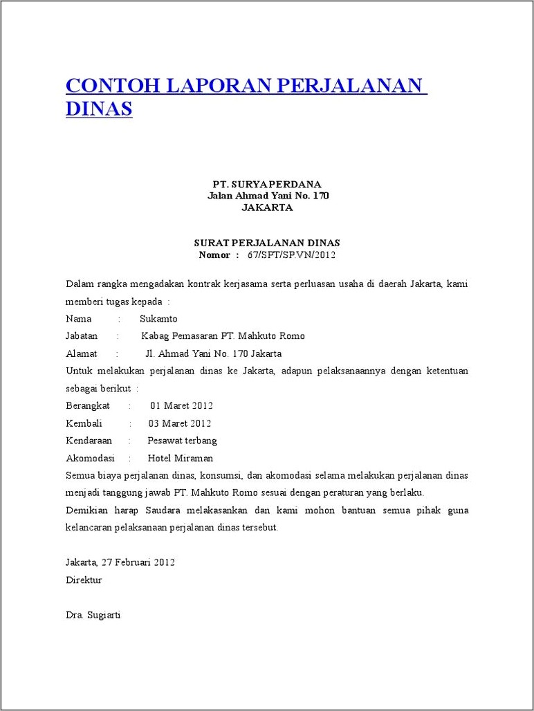 Contoh Surat Rekapan Biaya Perjalan Dinas