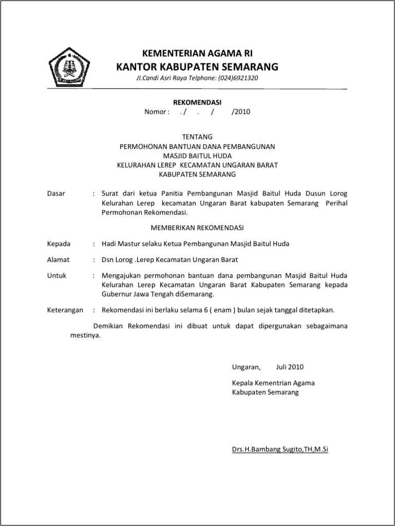 Contoh Surat Rekomendasi Dinas Untuk Pengajuan Bantuan Biaya Kuliah