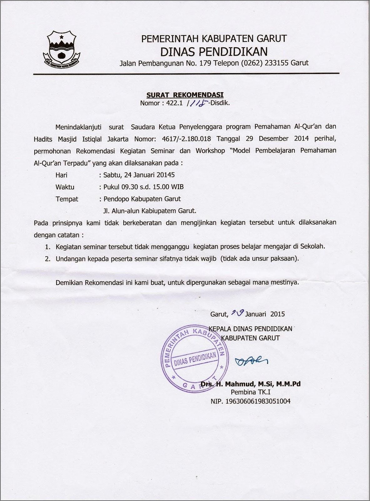 Contoh Surat Rekomendasi Kegiatan Seminar Kepada Dinas