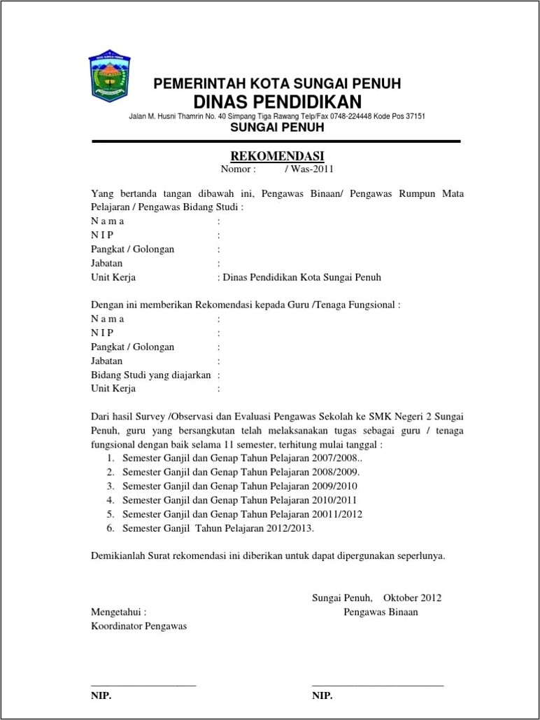 Contoh Surat Rekomendasi Kepala Dinas Pendidikan