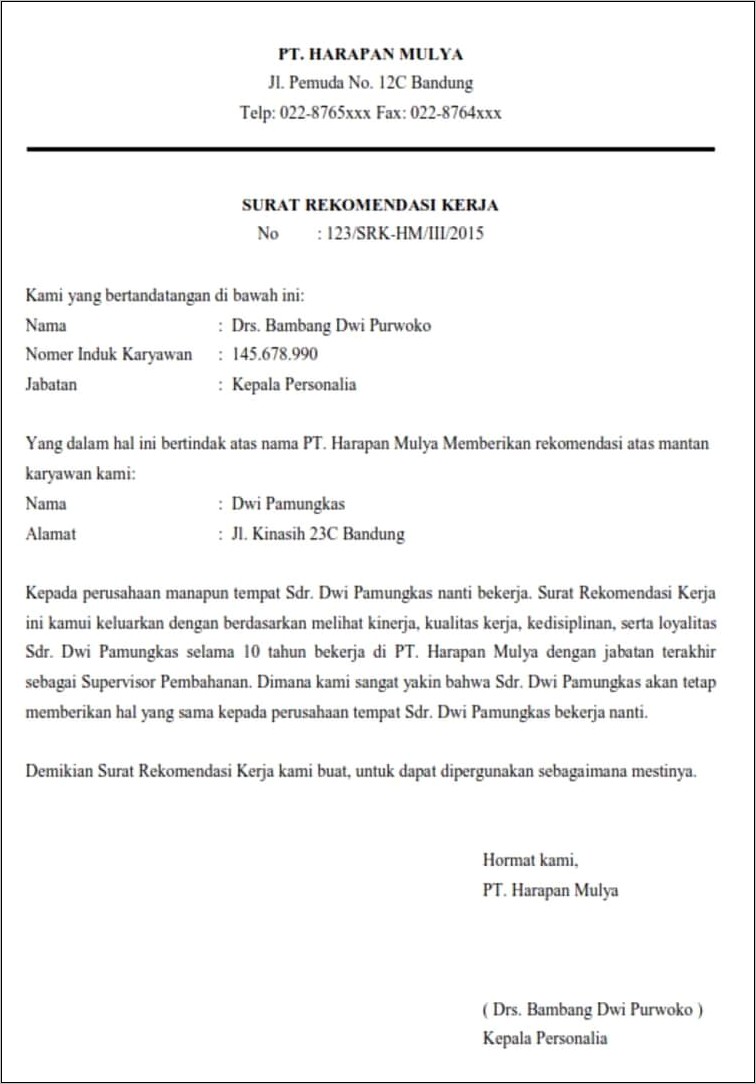 Contoh Surat Rekomendasi Kuliah Dari Perusahaan