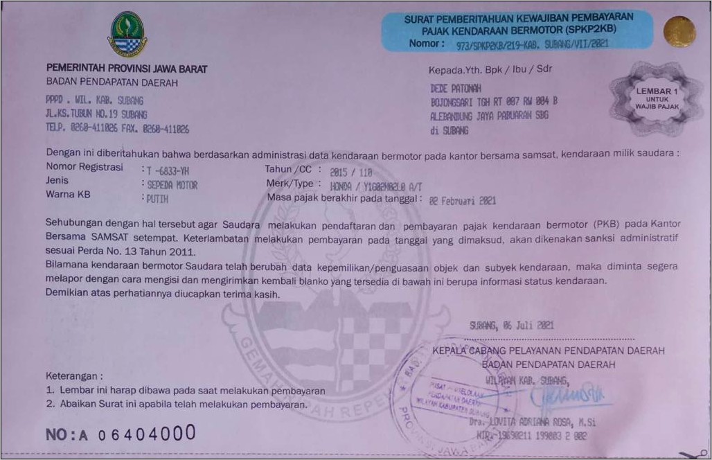 Contoh Surat Rekomendasi Membayar Pajak Kendaraan Dinas