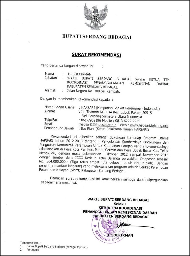 Contoh Surat Rekomendasi Perusahaan