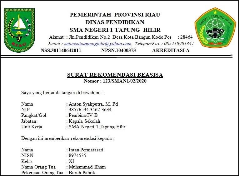 Contoh Surat Rekomendasi Sekolah Dinas