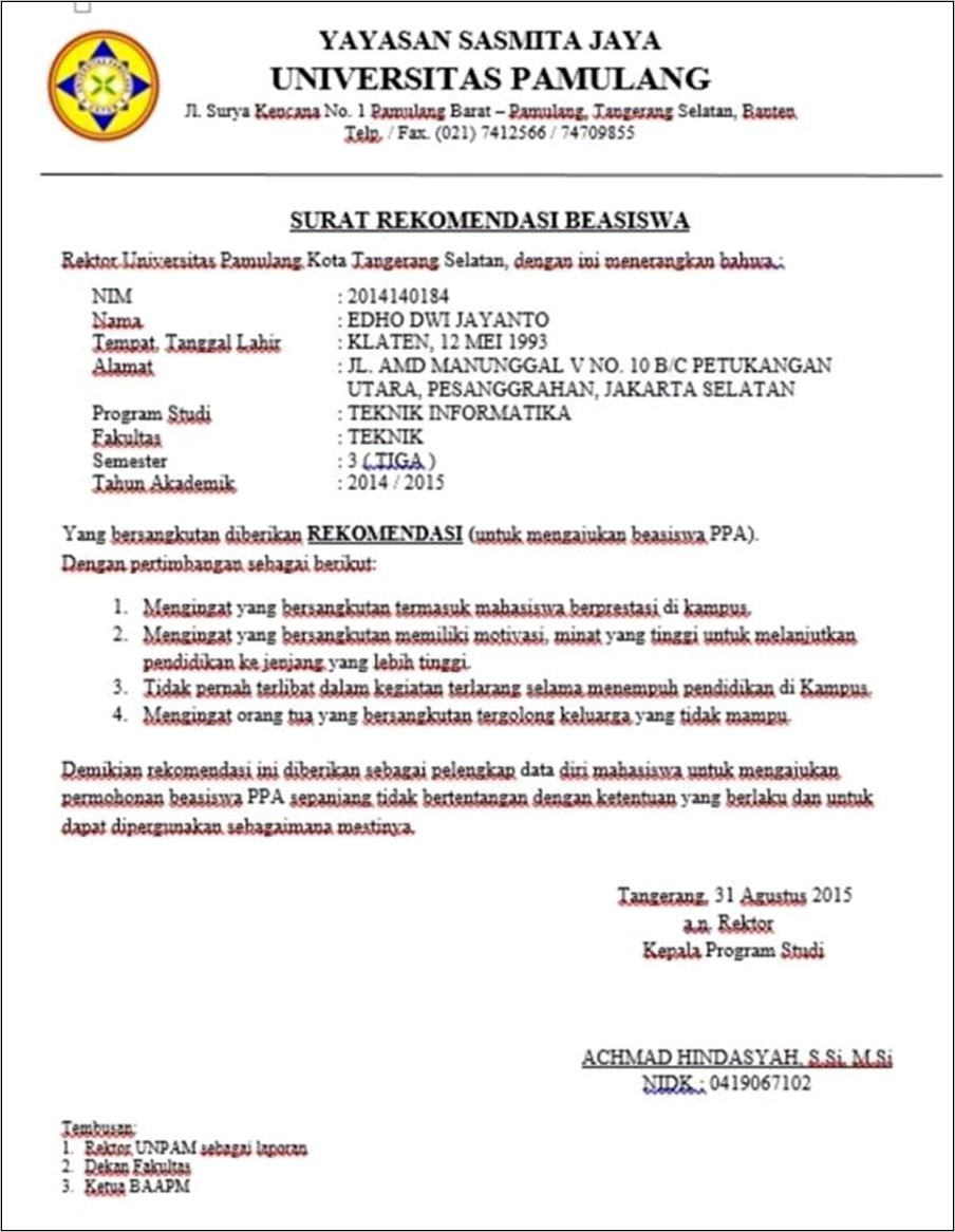 Contoh Surat Rekomendasi Sekolah Ke Dinas