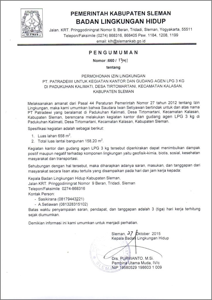 Contoh Surat Rekomendasi Usaha Pangkalan Gas Lpg