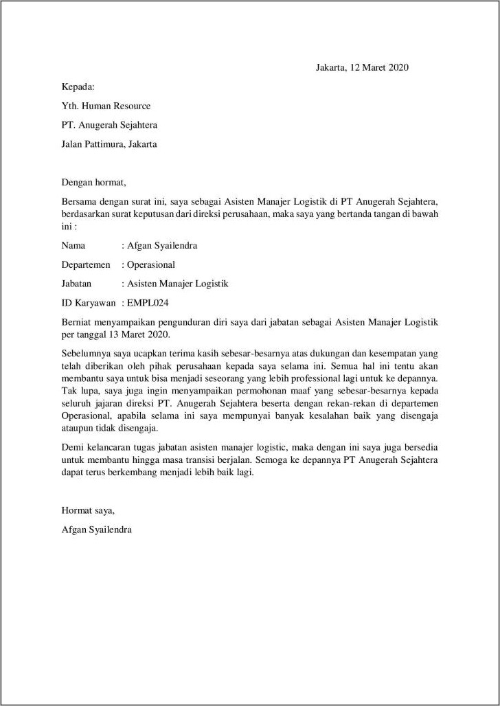 Contoh Surat Resign Dari Perusahaan Yang Benar