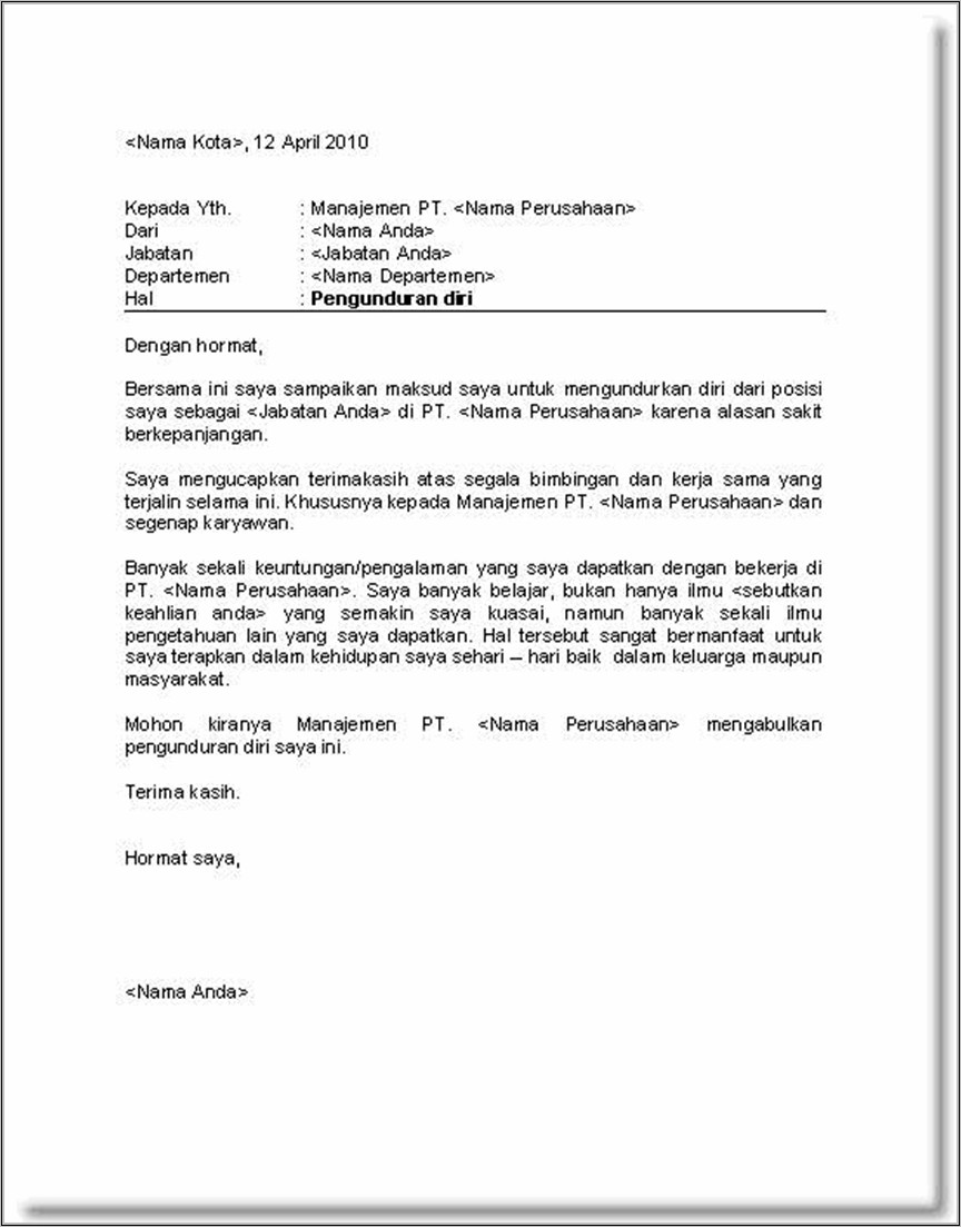 Contoh Surat Resign Dari Perusahaan