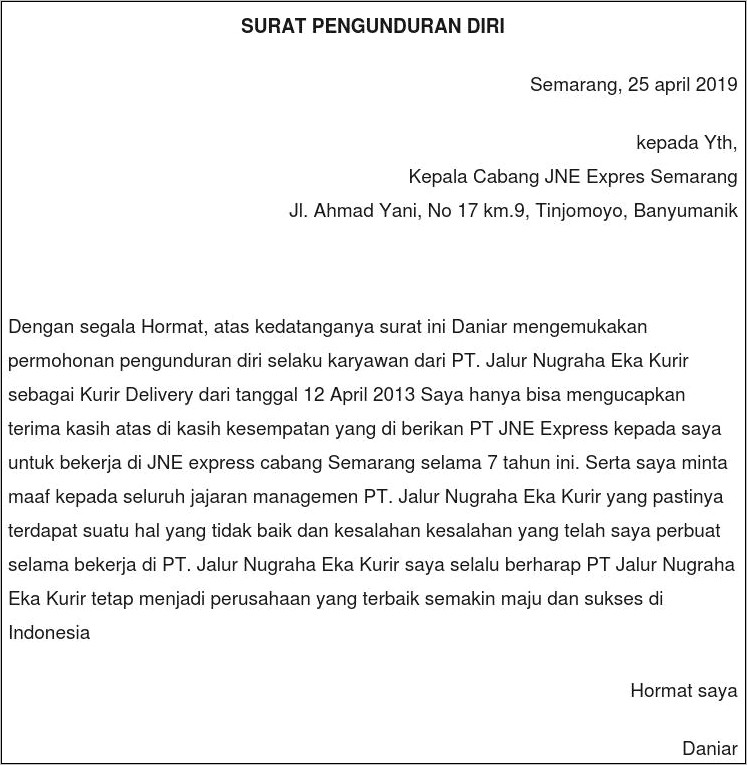 Contoh Surat Resign Perusahaan Yang Baik