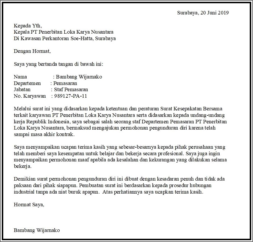 Contoh Surat Resign Untuk Perusahaan