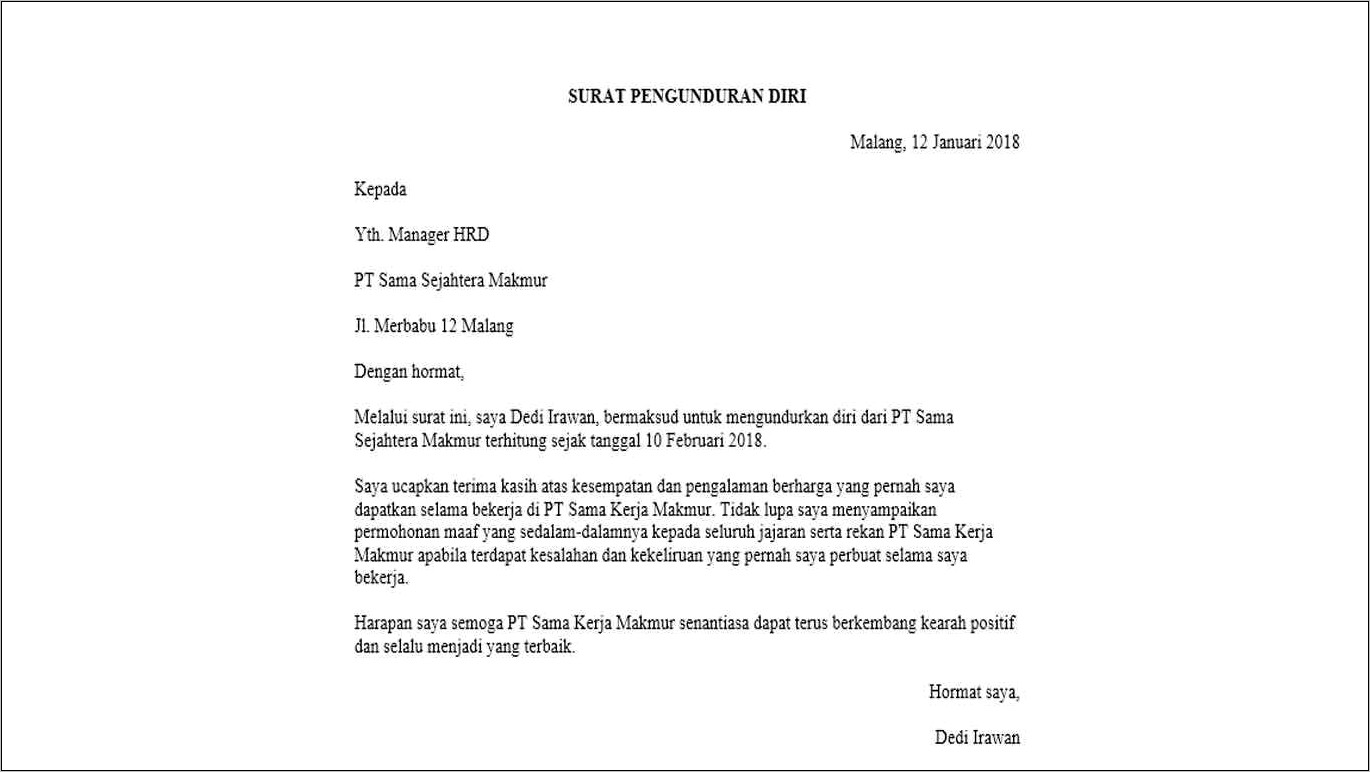 Contoh Surat Resign Yang Baik Dari Perusahaan