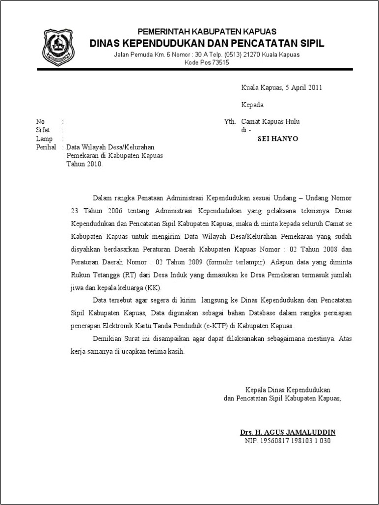 Contoh Surat Resmi Dinas Kependudukan