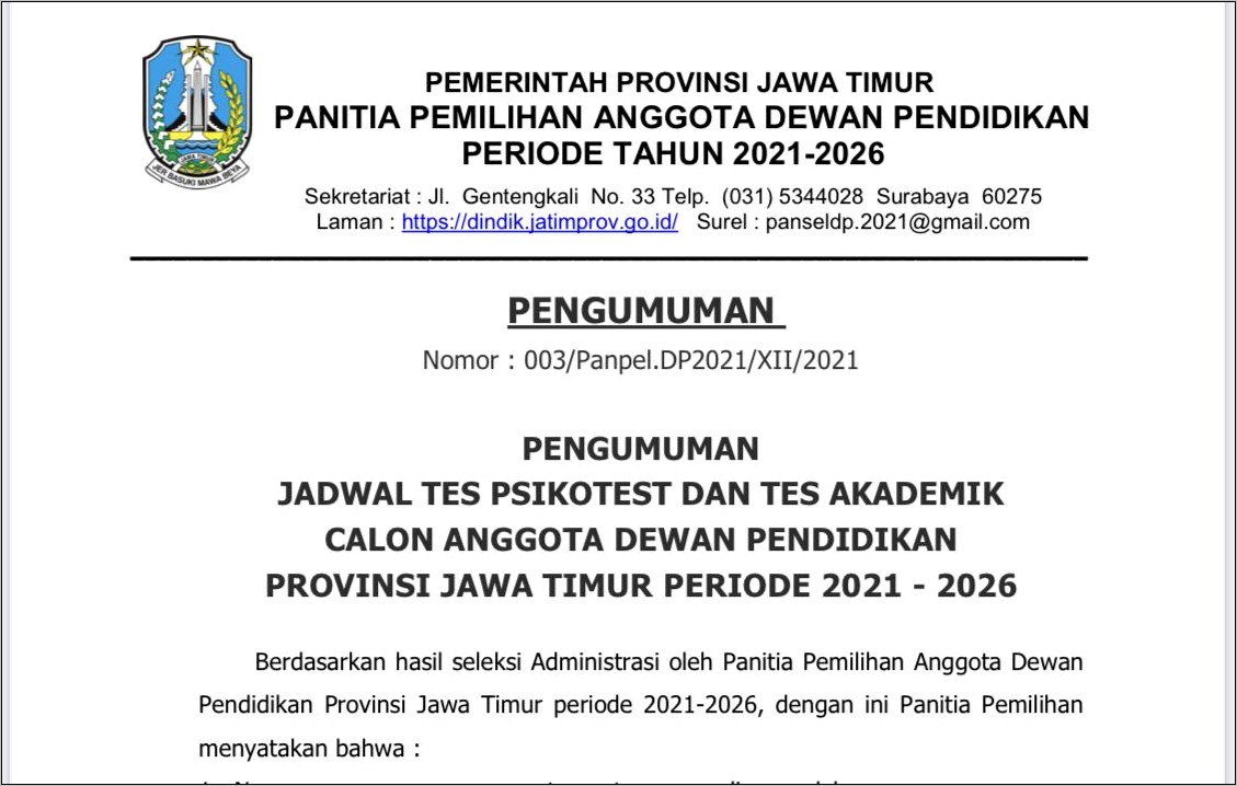 Contoh Surat Resmi Dinas Pendidikan Jawa Timur