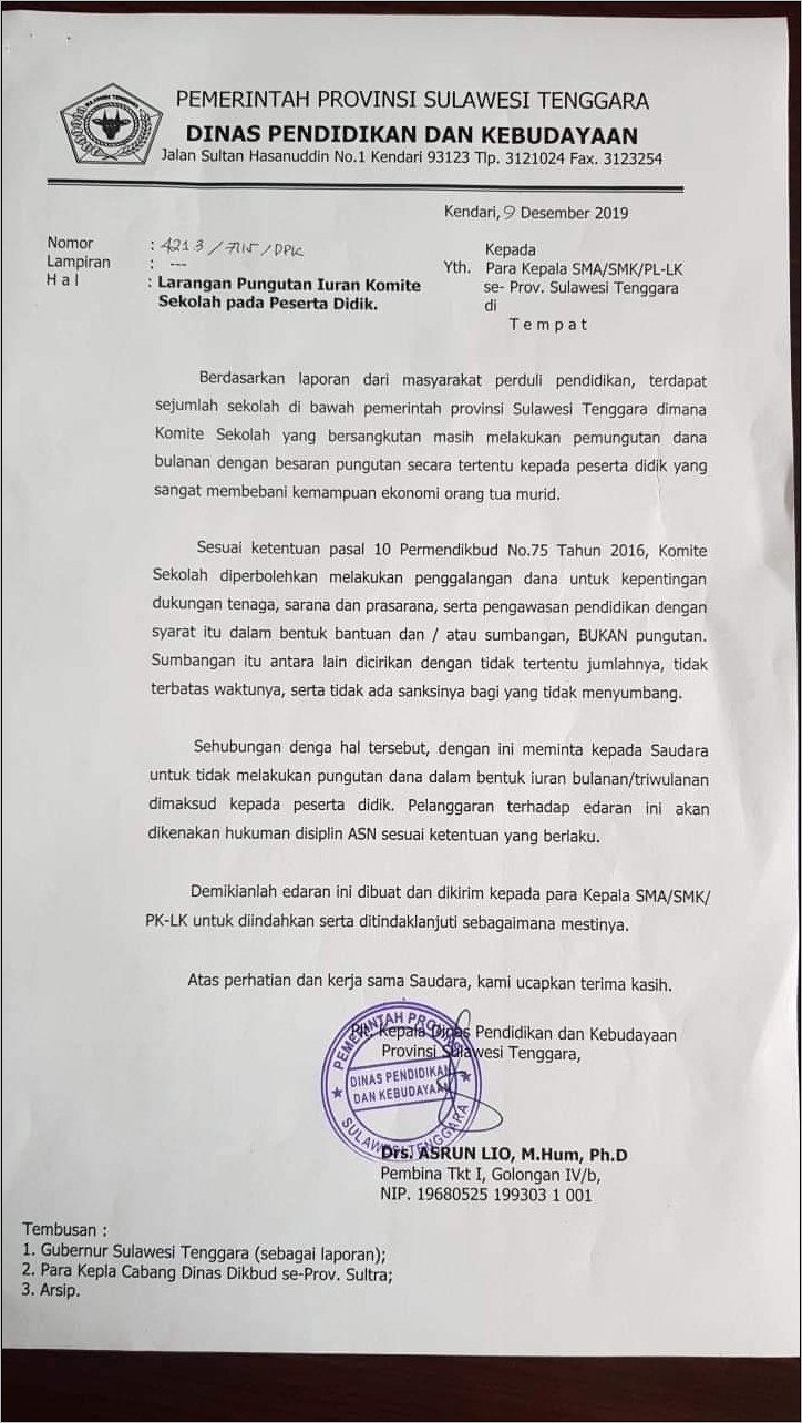 Contoh Surat Resmi Dinas Sulawesi Tenggara