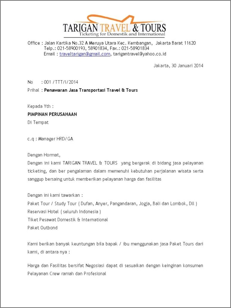 Contoh Surat Resmi Kerjasama Antar Perusahaan Travel