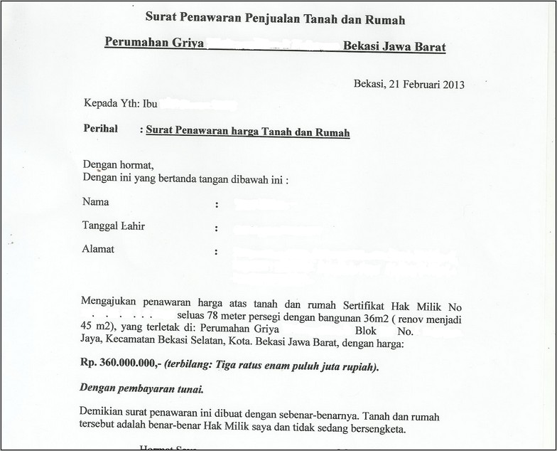 Contoh Surat Resmi Penawaran Tanah Ke Perusahaan