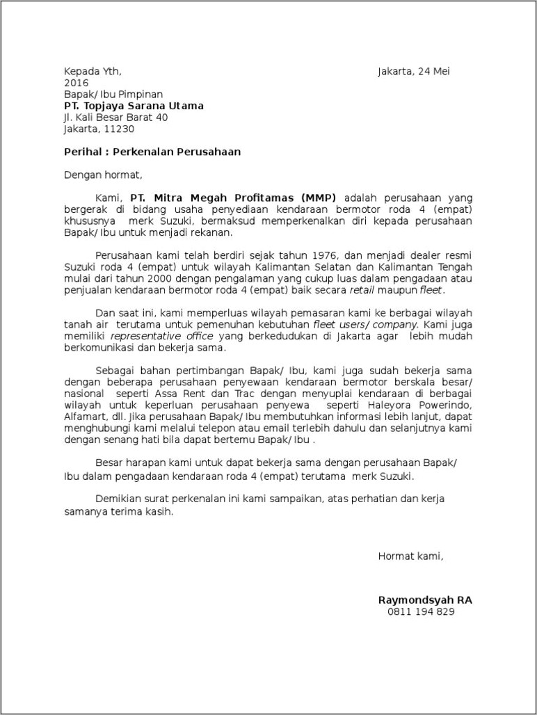 Contoh Surat Resmi Perkenalan Perusahaan