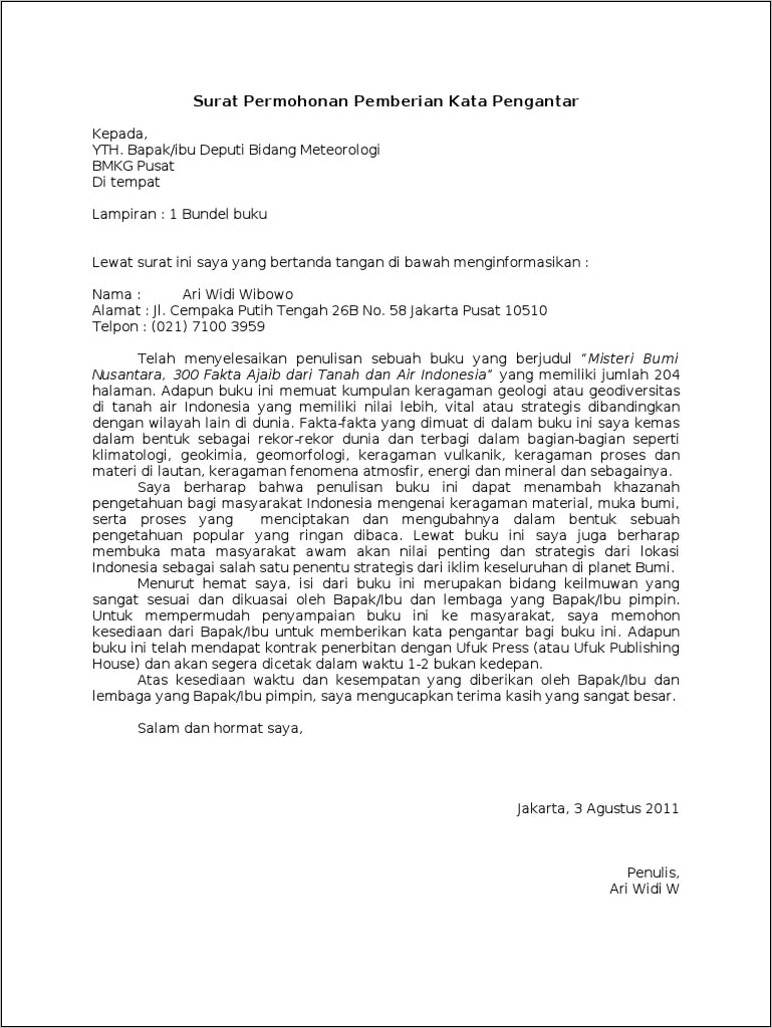 Contoh Surat Resmi Permohonan Penulisan Sambutan Buku