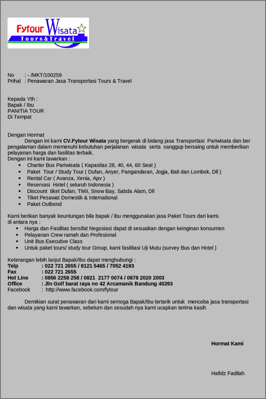 Contoh Surat Resmi Perusahaan Tour Travel