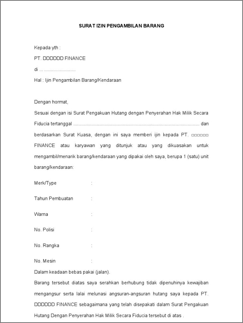 Contoh Surat Resmi Perusahaan Untuk Penarikan Barang