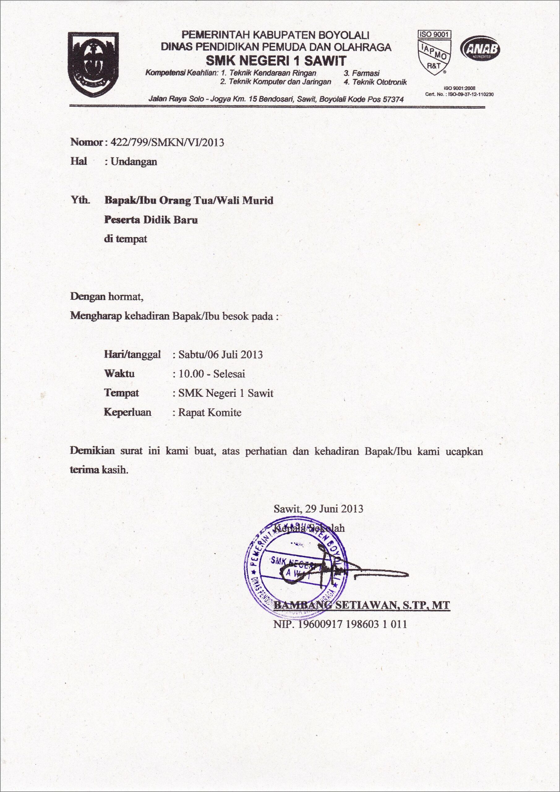 Contoh Surat Resmi Undangan Rapat Wali Murid