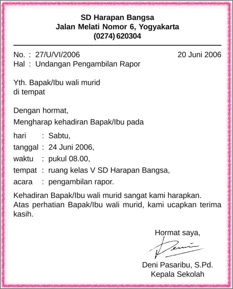 Contoh Surat Resmi Undangan Sekolah Dasar