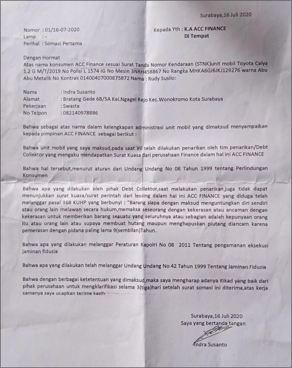 Contoh Surat Somasi Pertama Rumah Dinas