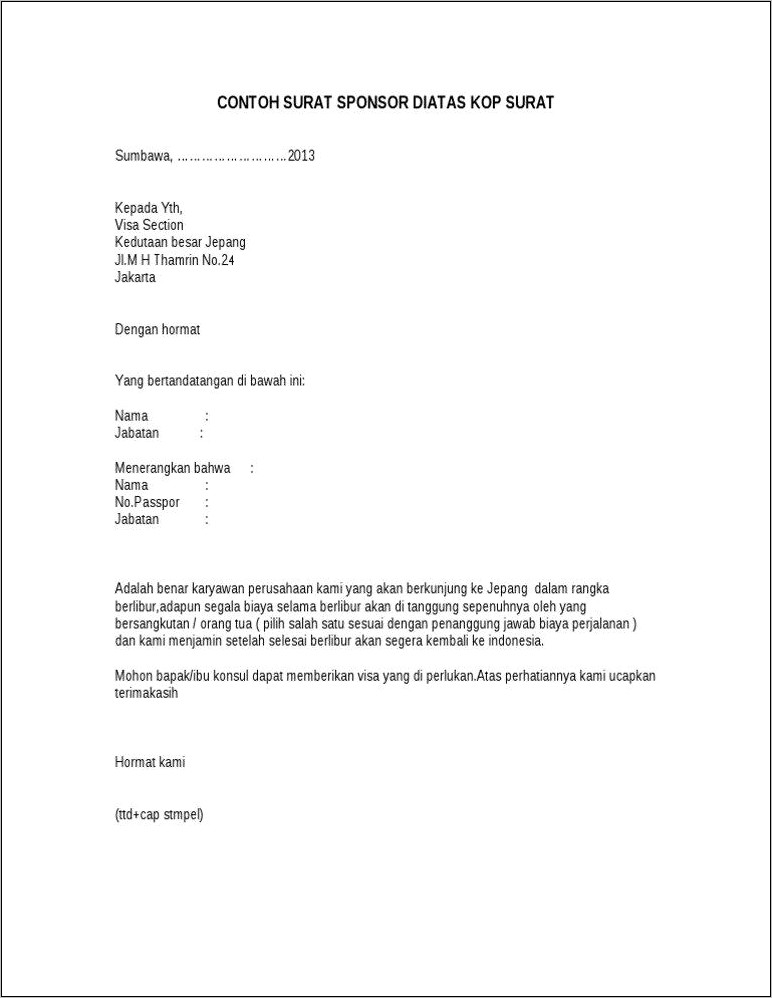 Contoh Surat Sponsor Untuk Visa Pengusaha