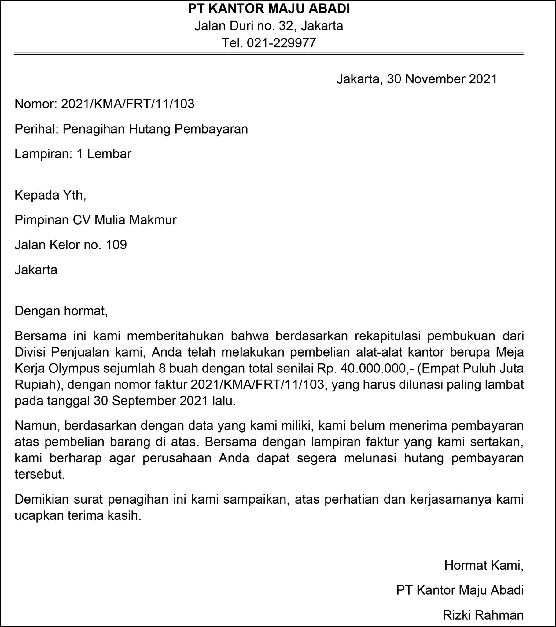 Contoh Surat Tagihan Piutang Perusahaan