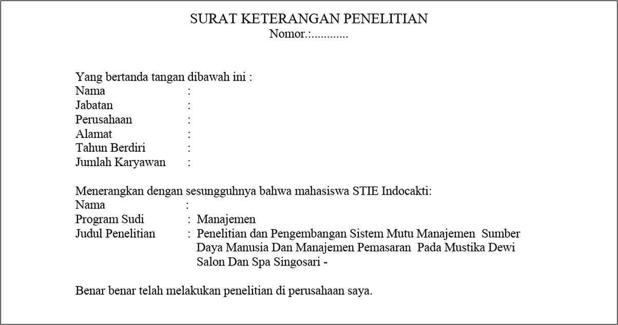 Contoh Surat Telah Melakukan Penelitian Di Perusahaan