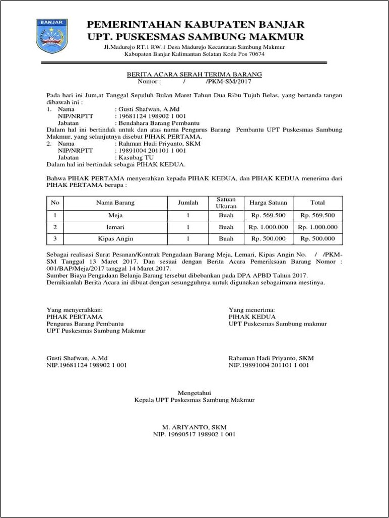 Contoh Surat Terima Barang Inventaris Kantor Perusahaan Dagang