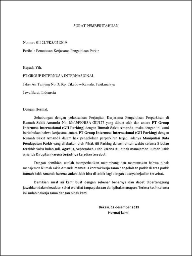 Contoh Surat Terminasii Kontrak Antar Perusahaan