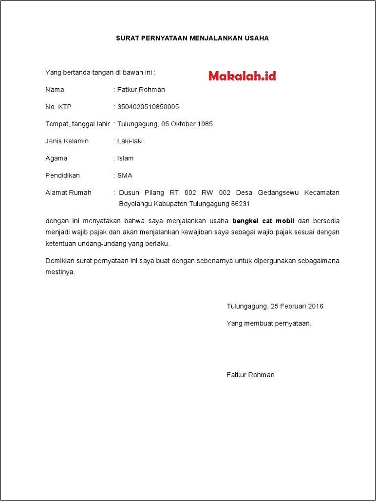 Contoh Surat Tidak Melakukan Kegiatan Usaha Dalam Perpajakan