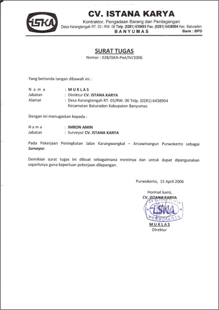 Contoh Surat Tugas Dinas Dengan Atas Nama