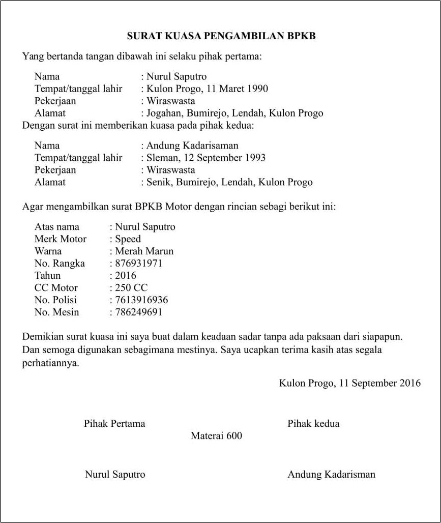 Contoh Surat Tugas Dinas Pengurusan Bpkb