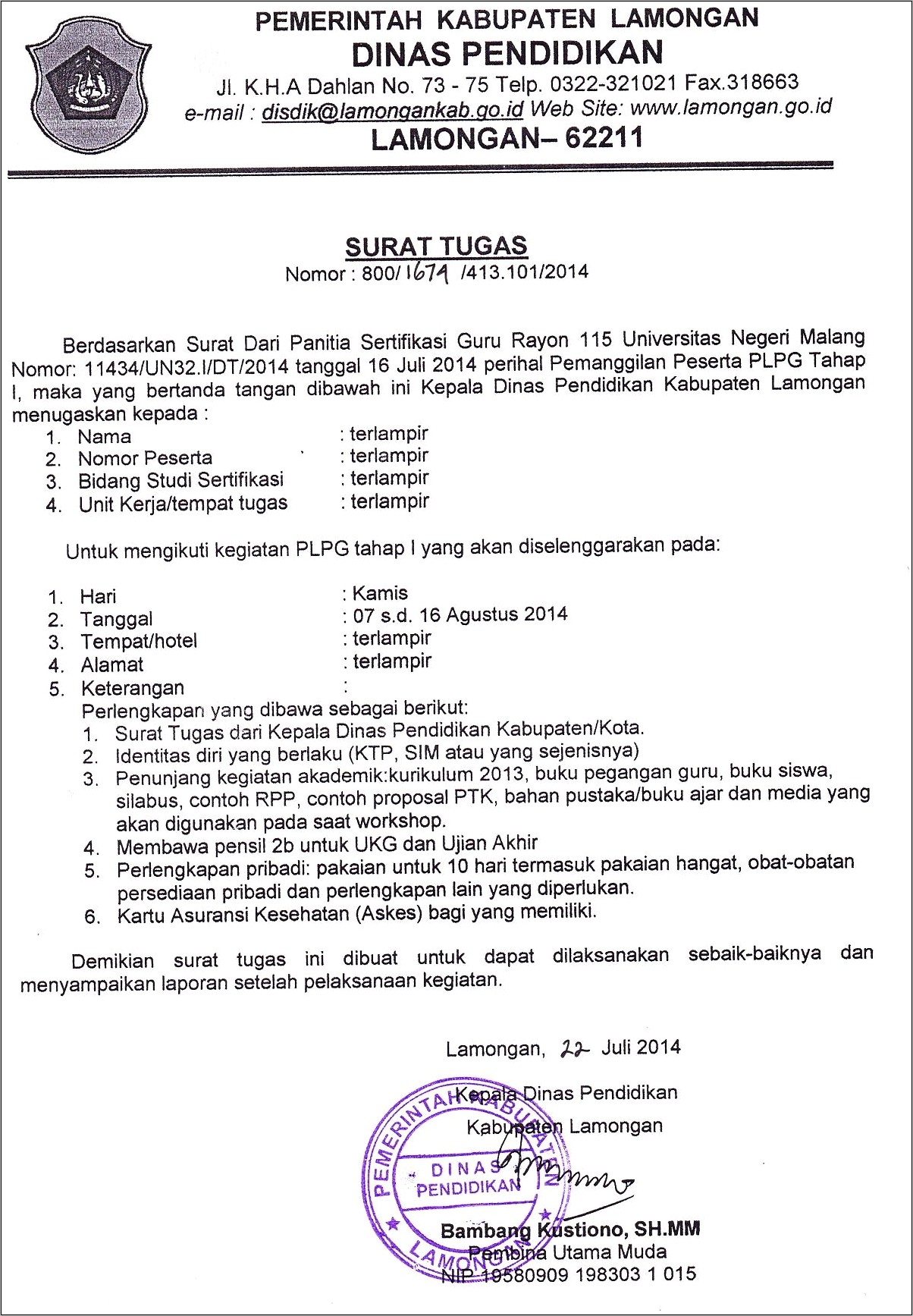 Contoh Surat Tugas Dinas Plpg