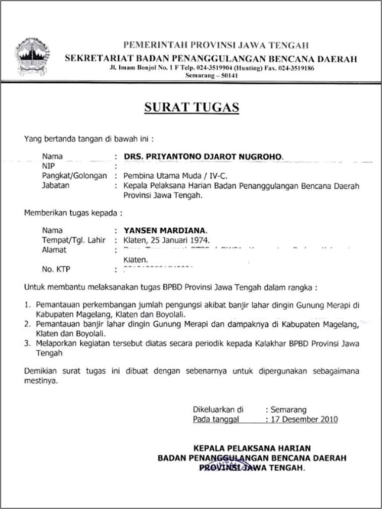 Contoh Surat Tugas Dinas Untuk 2 Oranh