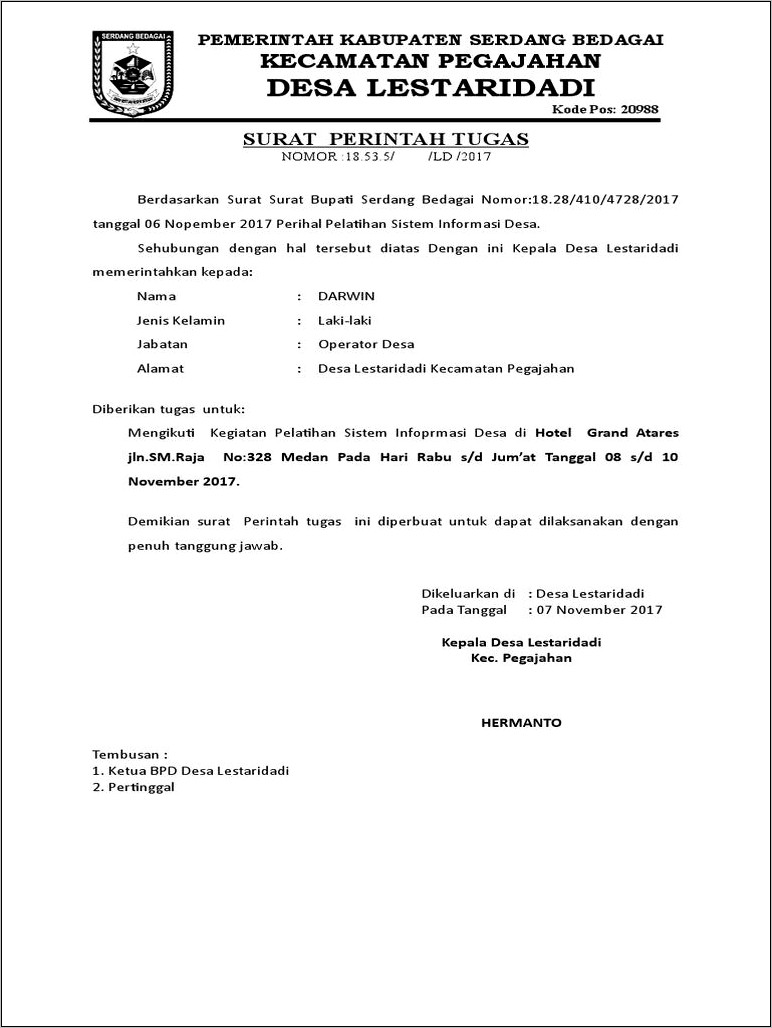 Contoh Surat Tugas Kepala Desa Tentang Perjalanan Dinas