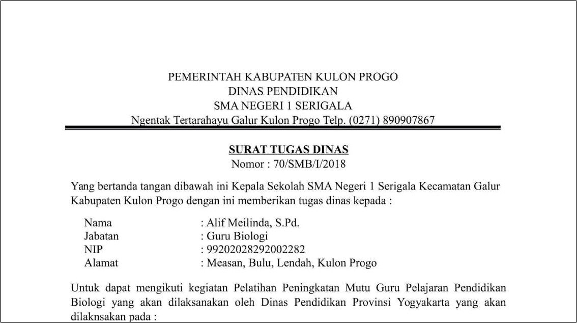 Contoh Surat Tugas Kepala Dinas