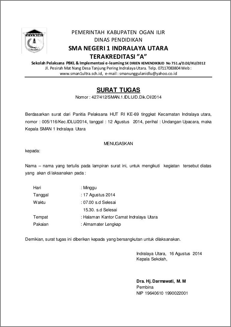 Contoh Surat Tugas Perjalanan Dinas Kepala Sekolah