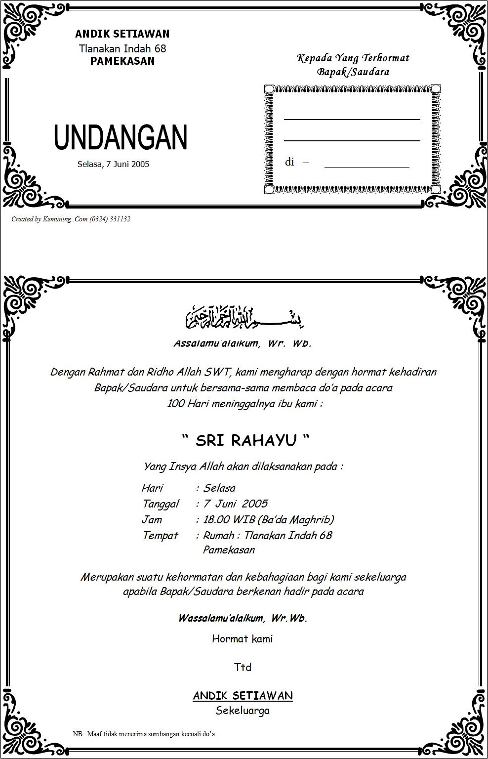 Contoh Surat Undangan 1oo Hari