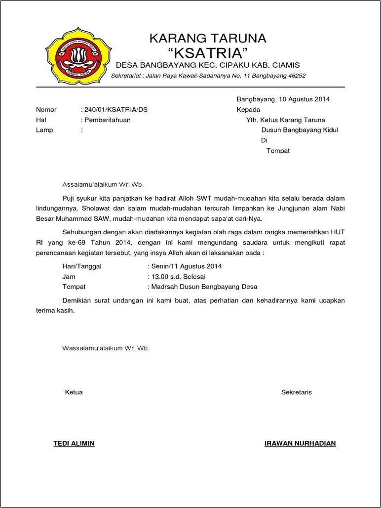 Contoh Surat Undangan Acara Karang Taruna