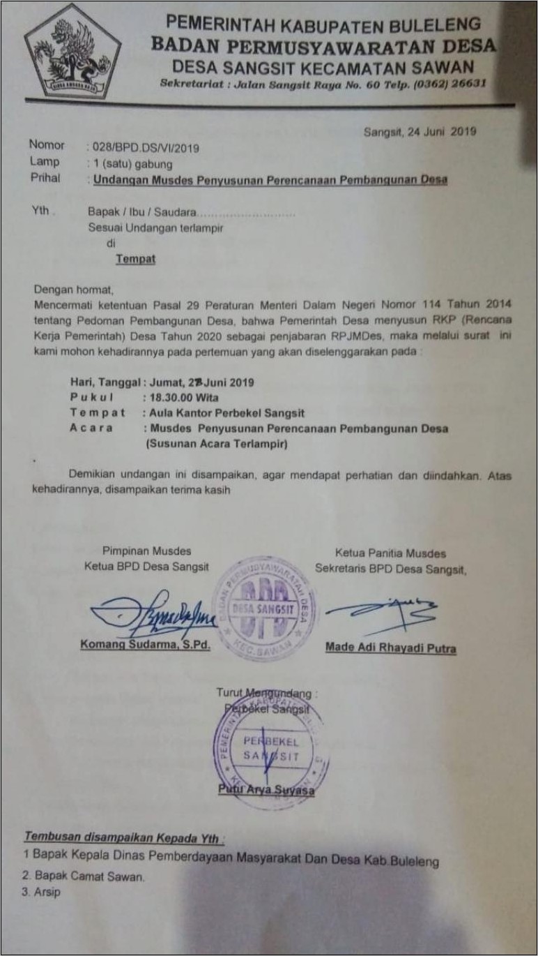 Contoh Surat Undangan Acara Pelantikan Perangkat Desa