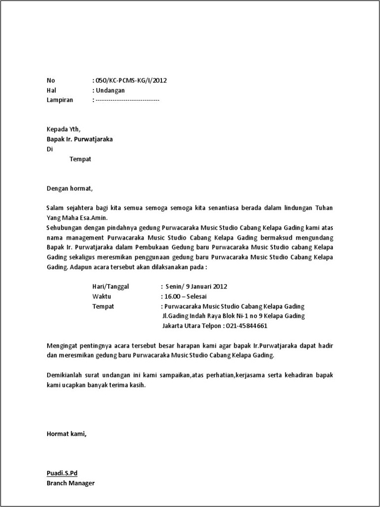 Contoh Surat Undangan Acara Peresmian