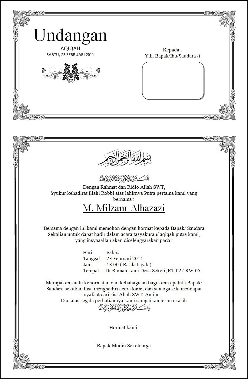 Contoh Surat Undangan Aqiqah